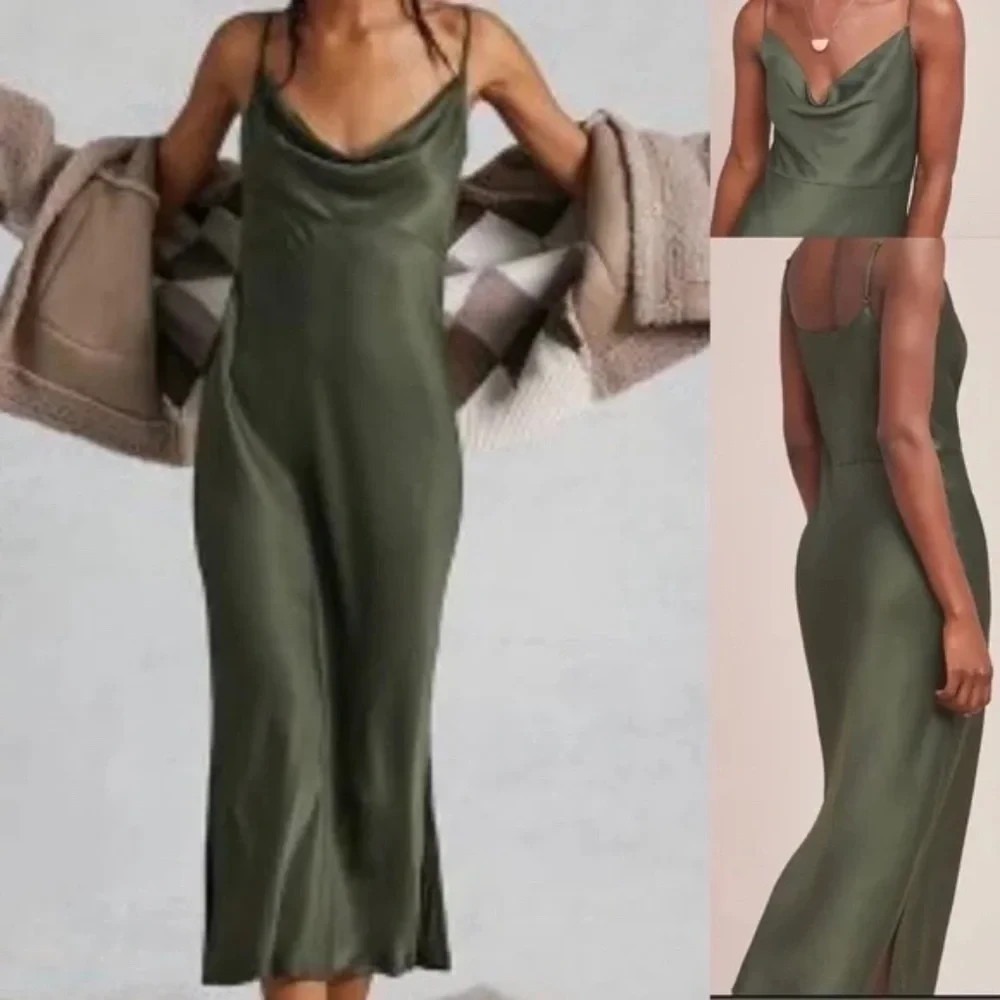 NEW Anthropologie BHLDN Moss Green Satin Drape Neck Slip Dress Maxi XL NWT $120